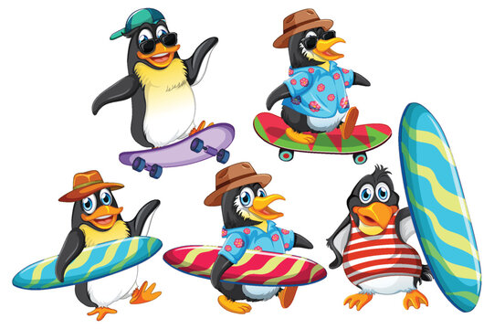 Penguin Cartoon Characters in Summer Theme