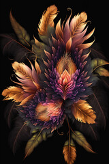 Fantasy abstract flowers on a dark background. AI 