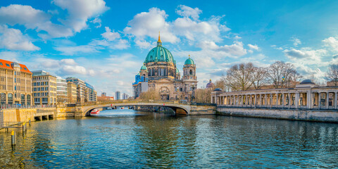 Fototapeta na wymiar Berlin city skyline, buildings, and Berlin Cathedral Dome over the Spree River in the Capital of Germany