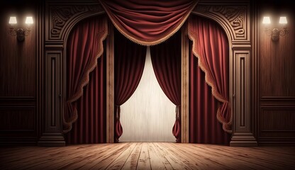 classic maroon curtains with light descended onto the center of the stage. Generative ai
