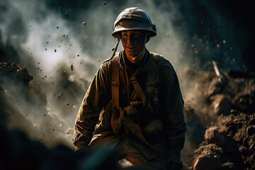 soldier in a helmet at war on battlefield. Generative AI