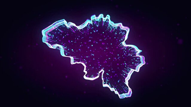 Purple Blue Shiny Belgium Map 3d Lines Effect With Square Dots Particles Motion Reveal On Dark Purple Glitter Dust Background, 5-15 Sec Seamless Loop