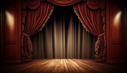 classic maroon curtains with light descended onto the center of the stage. Generative ai