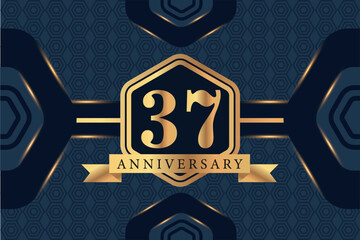 37th year anniversary celebration luxury golden logo vector design with black elegant color on blue abstract background 