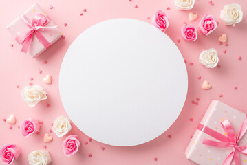 Naklejka na ściany i meble Mother's Day celebration concept. Top view photo of white circle gift boxes small roses hearts and sprinkles on isolated pastel pink background with blank space