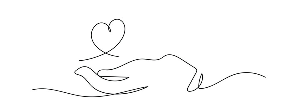 Continuous one line drawing. hand holding heart on white background. Black thin line hand with heart drawing.