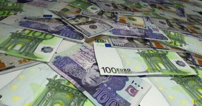 Dollar Euro Rupee banknote surface. Flying over USD EUR and PKR money note. 3D concept of exchange, inflation, economy, finance, import, export, exchange rate, crisis and banking. Seamless looped.