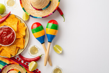 A vibrant Cinco de Mayo-inspired flat lay featuring a sombrero, poncho, maracas, tequila shots,...