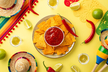 Get the party started with this festive arrangement of Mexican hat, poncho and maracas, plus tequila shots, lime wedges, chili peppers, nacho chips, and salsa. Perfect for a Cinco de Mayo celebration!