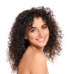 Beautiful young woman with long curly hair on white background