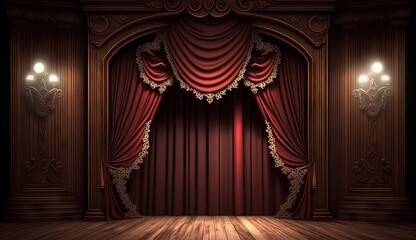 Fototapeta premium classic maroon curtains with light descended onto the center of the stage. Generative ai