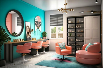 Modern interior of the female beauty salon. Super photo realistic background, generative ai illustration	
