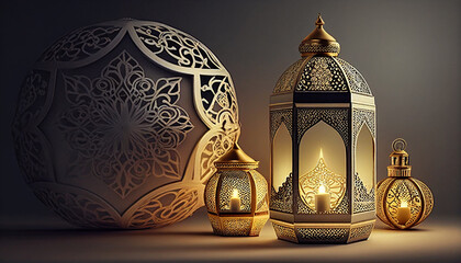 Fototapeta na wymiar gold 3d arabic lanterns with glowing candles with arab ornament