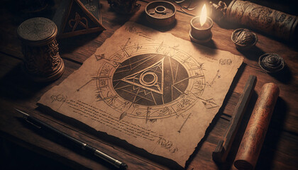 Mysterious ancient illuminati occult manuscript on wooden table created with Generative AI - obrazy, fototapety, plakaty