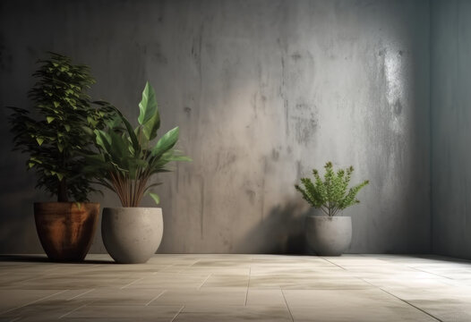 Background. Concrete floor and wall, potted plants. AI generative.