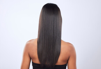 Obraz premium Indian woman, hair care or back view in studio for keratin, healthy natural shine or wellness. Girl model, luxury beauty salon or self care cosmetics in grooming on white background for growth