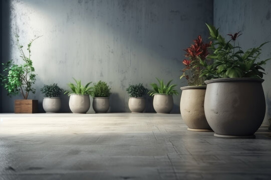 Background. Concrete floor and potted plants. AI generative.