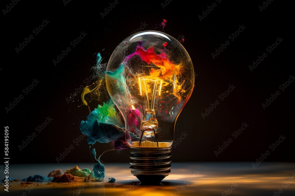 Poster lightbulb eureka moment with impactful and inspiring artistic colourful explosion of paint energy, g