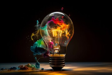 Lightbulb eureka moment with Impactful and inspiring artistic colourful explosion of paint energy, generative ai