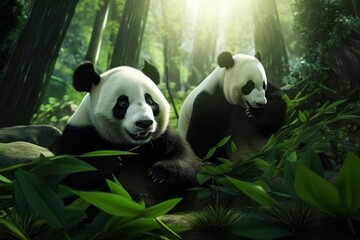 Obraz na płótnie Canvas Panda bears having a bamboo feast in the forest, generative ai
