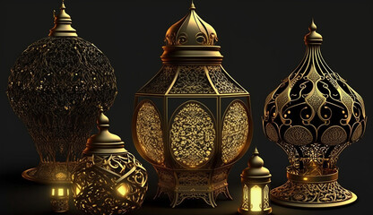 Fototapeta na wymiar gold 3d arabic lanterns with glowing candles with arab ornament