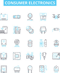 Consumer electronics vector line icons set. Electronics, Consumer, TVs, Radios, Stereos, Cameras, Computers illustration outline concept symbols and signs