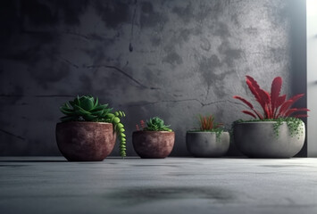 Background. Concrete wall and potted plants. AI generative.