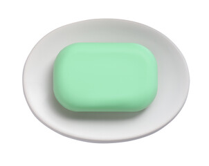 Holder with soap bar on white background, top view