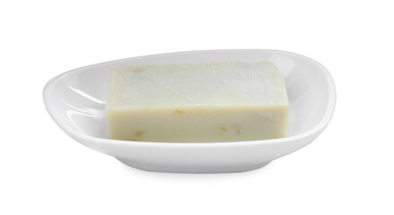 Holder with soap bar on white background