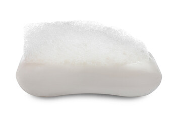 Soap bar with fluffy foam on white background
