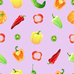 Seamless pattern with multicoloured peppers of different types in bright cheerful colours