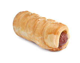 One delicious sausage roll isolated on white