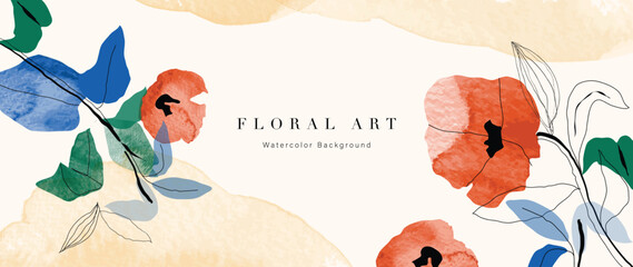 Plakat Abstract floral background vector. Spring plant watercolor hand drawn flowers with watercolor texture. Design illustration for wallpaper, banner, print, poster, cover, greeting and invitation card.
