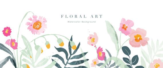 Fototapeta na wymiar Abstract floral background vector. Spring plant watercolor hand drawn flowers with watercolor texture. Design illustration for wallpaper, banner, print, poster, cover, greeting and invitation card.