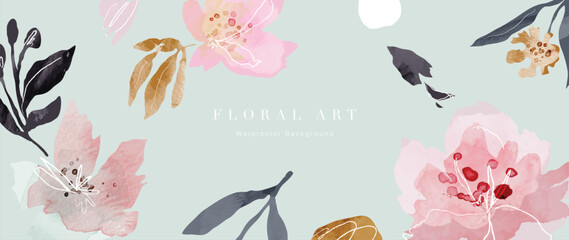 Abstract floral background vector. Spring plant watercolor hand drawn flowers with watercolor texture. Design illustration for wallpaper, banner, print, poster, cover, greeting and invitation card.