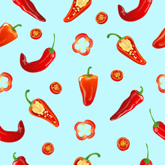 Seamless pattern with red hot chilli peppers on a blue background. 