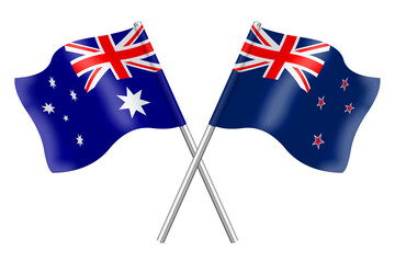 3D flags of Australia and New Zealand on white background