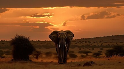 Fototapeta na wymiar Lone Elephant Standing Tall Against the Horizon, Majestic Wildlife Photography, Generated by AI