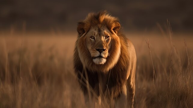 Majestic Lion Standing Tall in the Wilderness, Powerful Wildlife Photography, Generated by AI