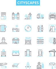 Cityscapes vector line icons set. Urban, skyline, metropolis, metropolises, vista, architecture, buildings illustration outline concept symbols and signs