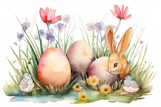 Easter bunny and easter eggs in flowers and grass background. Watercolour painting. Digitally generated AI background