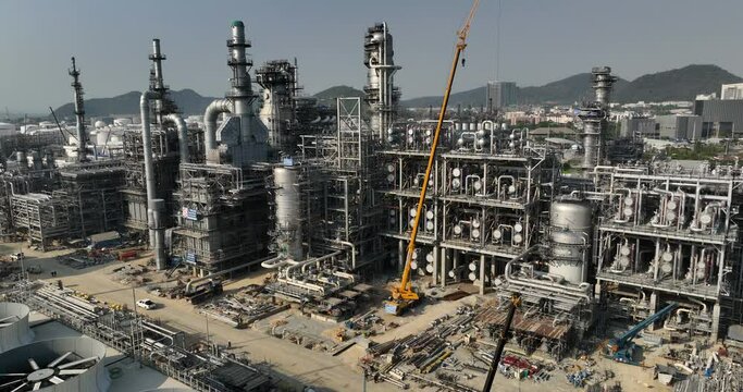 industrial plant construction project, crude oil and gas refinery new construction site large scale, aerial view,
4k video
