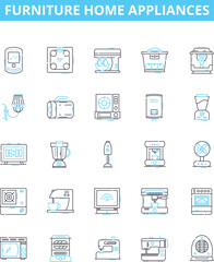 Furniture home appliances vector line icons set. Furniture, Appliances, Sofa, Chair, Table, Bed, Mattress illustration outline concept symbols and signs