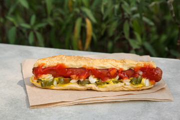Fresh tasty hot dog with ketchup on light grey parapet outdoors