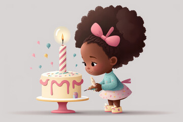 Afro cute little girl celebrates her birthday with delicious cake.  Generative AI