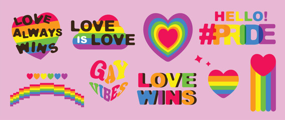 Happy Pride LGBTQ element set. LGBTQ community symbols with rainbow, heart, quote. Elements illustrated for pride month, bisexual, transgender, gender equality, sticker, rights concept.
