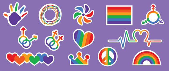Happy Pride LGBTQ element set. LGBTQ community symbols with rainbow flag, wave, crown, heart. Elements illustrated for pride month, bisexual, transgender, gender equality, sticker, rights concept.