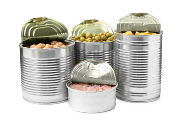 Open tin cans with different products on white background