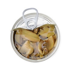 Open tin can of mushrooms isolated on white, top view