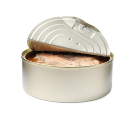Open tin can of salmon isolated on white